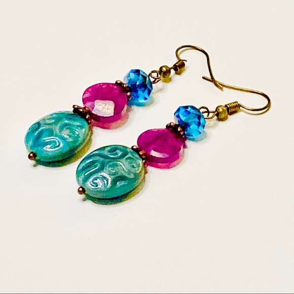 Azure Crystal Purple Lepidolite Stone & Teal Green Czech Glass Relief Earrings - Picture 6 of 7